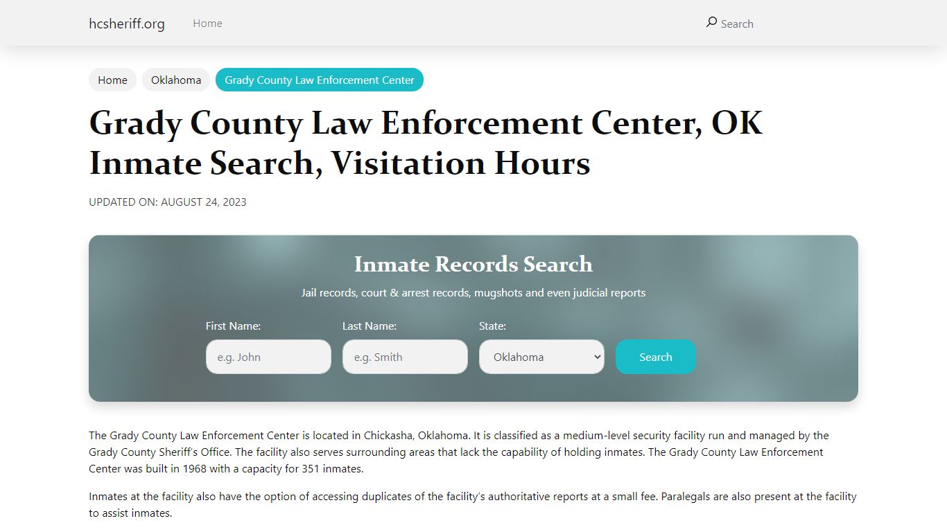 Grady County Law Enforcement Center, OK Inmate Search, Visitation Hours